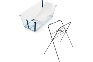 CRIOH! Set de Bañera Stokke Flexi Bath + Soporte Recién Nacido + Patas, Bañera Stokke Plegable, desde el Nacimiento hasta los 4 años, Instalación Fácil, Color Transparente Azul