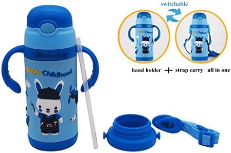 Children Stainless Steel Vacuum Insulated Water Bottle with 2 Handles (hand holder + Strap) Cartoon Design Vacuum Flask Sport Bottle Thermoses Cup with Straw for Kids 13OZ by Cokaka (Blue Rabbit (13 OZ))