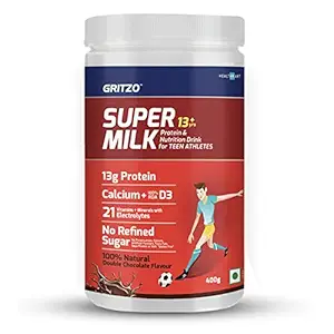 Gritzo SuperMilk 13+y (Teen Athletes), Health Drink & Kids Nutrition, High Protein (13 g), Calcium + D3, 21 Nutrients, Zero Refined Sugar, 100% Natural Double Chocolate Flavour, 400 g.