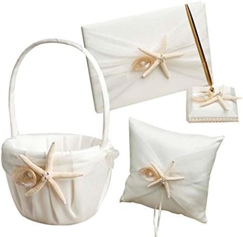Dollbling Beach Theme Starfish Seashell Design Ivory Satin Wedding Flower Girl Basket+Ring Pillow+Guest book+Pen Holder Set