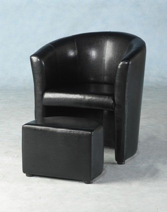 LUXURY FAUX LEATHER TUB CHAIR WITH FOOTSTOOL IN ANTIQUE BLACK BY CENTURION PINE