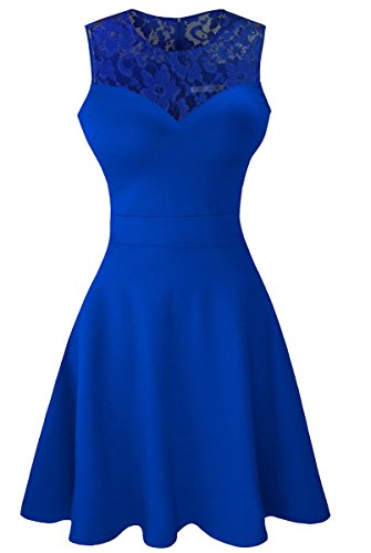 Sylvestidoso Robe de soirée et Cocktail Courte sans Manches avec Jupe plissée et Taille Haute évasée Dentelle (XXL, Bleu)