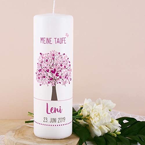 Striefchen® Taufkerze mit Lebensbaum und Aufdruck des Namen und Datum sowie Taufspruch Weiß - Rosa - 3