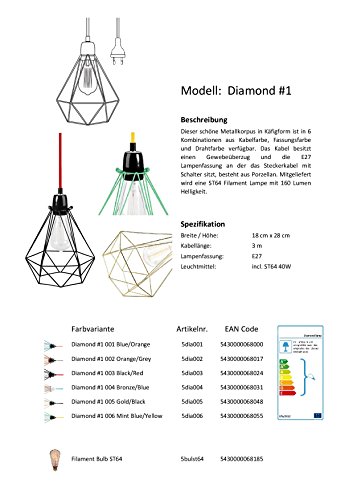 Filament Style Filament 004 französische Retro Loft Lampe Diamond #1 mit Textilkabel in blau Metall E27, 28 x 18 cm, bronze - 3