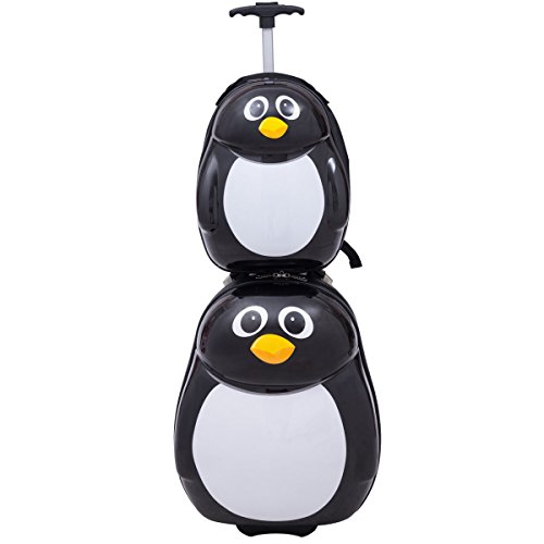 Preisvergleich Produktbild COSTWAY Kinderkoffer + Rucksack Kofferset Kindergepäck Reisegepäck Kindertrolley Kinderreisekoffer Hartschale Trolley Tiermotiv (Schwarz)