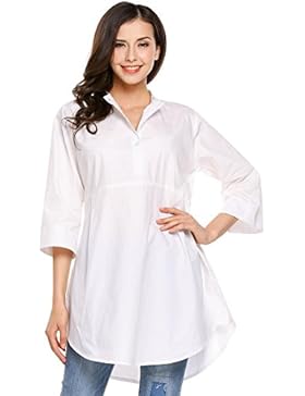 HOTOUCH Damen 3/4 Ärmel Bluse Tunika Loose Fit Hemdbluse Casual Longshirt Tunikashirt Mit Knopfleiste Baumwolle