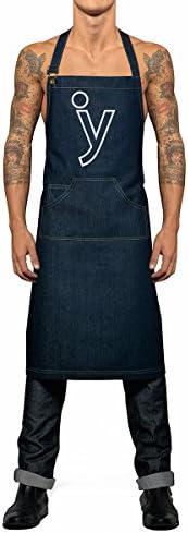 Iacobuccyounes Italy - Apron denim dungarees blue jeans y logo with pockets unisex accessory for chef cooking food bistro BBQ restaurants fashionable gift idea Men Blue - one size