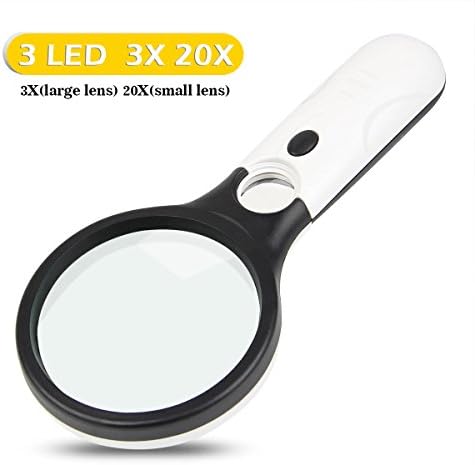 FISTE Magnifying Glass with 3 LED Lights 3X 20X Handheld Illuminated Magnifier for Books, Newspapers, Maps, Coins, Jewellery, Hobbies & Crafts- Glass Lens Super High Clarity