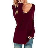 UJUNAOR Frühling Frauen Sexy V-Ausschnitt Langarm T-Shirt Beiläufige Loser Normallack Bluse(Wein,CN L)