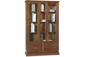 Mar.c.a. Design - Vetrinetta Arte Povera in Legno 119x40x185 cm - 3 ante Vetro 4 Cassetti con Base Piatta Made in Italy