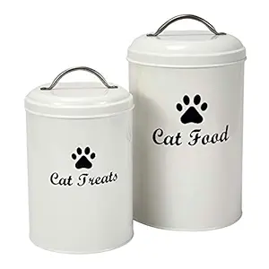 Geyecete Cat Food and Treats Containers Set with Scoop for Cats - Coated Carbon Steel - Tight Fitting Lids - Pets Treat Canister Set