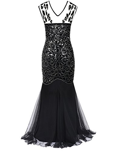 Kayamiya Damen Gatsby Kleid 1920er Perlen Pailletten Maxi Lange Charleston Meerjungfrau Abendkleid 40-42 Meerjungfrau Schwarz - 3