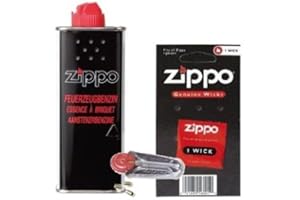 Lot de 3 accessoires Zippo d'origine - 3 x Zippo essence de 125 ml + 1 mèche + 6 pierres à feu + coton et feutre.