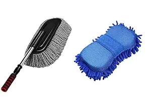 EVERYONIC Car Accessories Combo (2 PC) 1 Pic. Microfiber Car Cleaning Retractable Brush Duster and 1 Pice. Multipurpose Car Cleaning Sponge Random Color