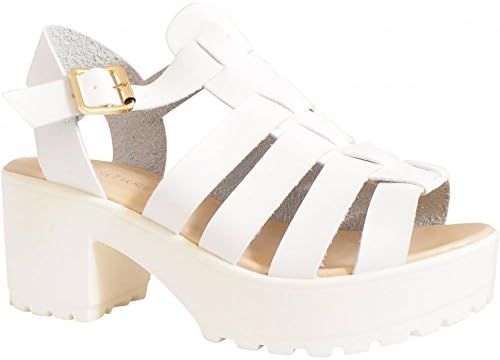 Cut Out Gladiator Platform Summer Sandals - Chunky Cleated Sole Block Heel - Black, White, Pink, Silver, Gold UK4 - EU37 - US6 - AU5 White PU
