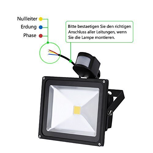 VINGO® 20W LED SMD Strahler Fluter Außen Strahler mit PIR Bewegungsmelder Fluter IP65 Aluminiumkörper Schwarz Kaltweiß - 6