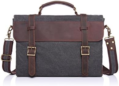 Panlom® Canvas Genuine Leather Shoulder Laptop Messenger Bag- Grey