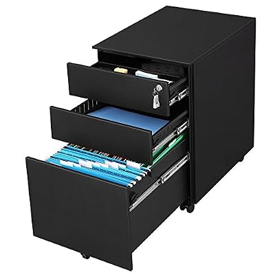 SONGMICS Caisson de Bureau à Roulettes Avec 3 Tiroirs et Classeur Suspendu, Armoire de Bureau Verrouillable Pour Dossiers et Documents, corps d'armoire prémonté, Noir OFC60BK