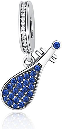 Birthday Gifts Pendant Musical Synthetic Lute with Blue CZ Music 925 Sterling Silver Charms Fit European Bracelet ByChengmen Jewellery