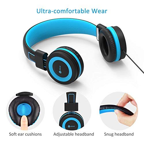 iClever Kids Headphones - Wired Headphones for Kids Adjustable Headband Stereo Sound Foldable Untangled wires 3.5mm Aux Jack 94dB Volume Limited - Childrens Headphones on Ear Blue
