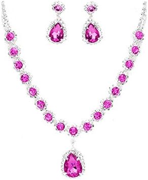 Jewellery Ant Hony Wire Ball Wedding Jewellery Set Necklace Earrings Clear Crystal Teardrop Pendant Pink Fuchsia