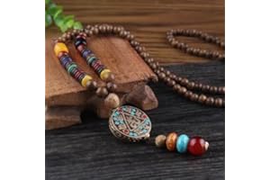 HXSCOO Vintage Népal Long Bouddhiste Mala Bois Perlé Pendentif & Collier Ethnique Bohème Boho Bouddha Lucky Jewelry for Femme Homme (Color : Style11-01)
