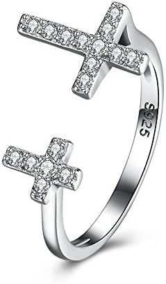 FJYOURIA Women's 925 Sterling Silver Ring Adjustable Double Cross Open Ring with Clear Cubic Zirconia Fshion Jewellery