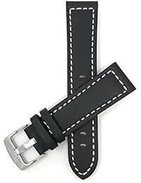 26mm Correa reloj de cuero auténtico, Negro, con costura blancoa, hebilla de acero inoxidable, también disponible en marrón, rojo, marrón rojizo, jaula