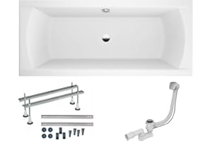 VBChome Bañera de 190 x 90 cm, acrílico, con patas de sifón, rectangular, diseño blanco, moderno, desagüe en cromo Alcaplast para 2 personas