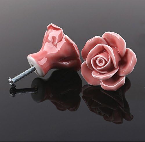 EXOH Beautiful Ceramic Floral Rose Door Drawer Knob Handle + Screw(Pink)