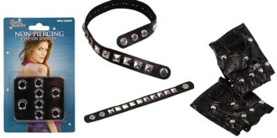 Punk Rock Fancy Dress Costume Black Studded Wristband Choker Gloves 70's 80's biker YMCA - 4 PIECE PUNK SET