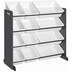 SONGMICS Meuble de Rangement Jouets Enfant, Organisateur de Jouets, Présentoir pour Salle de Jeux, avec 12 Boîtes Amovibles Plastique, Blanc et Gris foncé, 86 x 26,5 x 78 cm GKR04GY