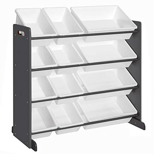 SONGMICS Meuble de Rangement Jouets Enfant, Organisateur de Jouets, Présentoir pour Salle de Jeux, avec 12 Boîtes Amovibles Plastique, Blanc et Gris foncé, 86 x 26,5 x 78 cm GKR04GY