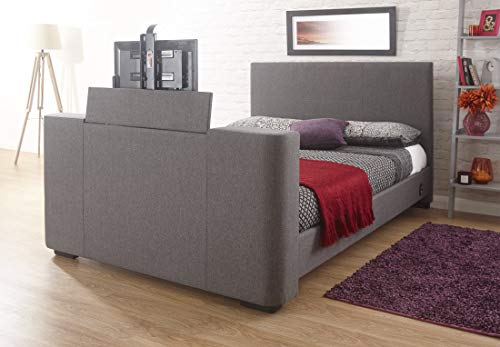 Home Source - Electric TV Bed Television 4ft6 Double Grey Fabric Sprung Slats Bedroom Bedstead