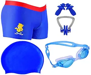 Golden GIrl Boy Men's Swimming Combo Kit With Swimming Costume| Shots, Swimming Cap, Anti Fog Swimming Goggles, Ear Plug and Nose Clips|Plug(Blue_Medium) (Blue_8-12 Years)