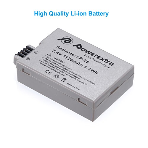 Powerextra 4 pack Replacement Canon LP-E8 Battery For Canon Rebel T5i T4i T3i T2i DSLR Digital Camera With Charger for Canon LP-E8 Replacement of LC-E8E