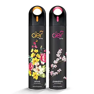 Godrej aer spray, Premium Air Freshener, Pack of 2 - Passion & Alive (240ml each), Long