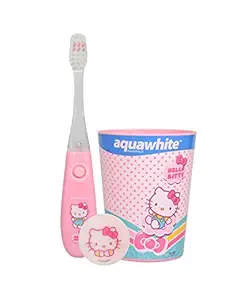 aquawhite Hello Kitty Flash Light Kids Toothbrush with Hygiene Cap & Rinsing Cup - Set of 3, (3+years) (Baby Pink) And 2 Kids Toothpaste FREE