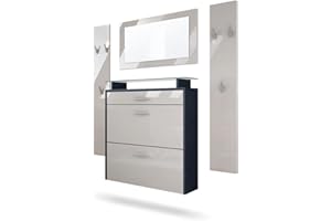 Vladon Malea Hallway Storage Set, Set da Ingresso con 1 scarpiera a Muro, 1 Specchio a Muro e 2 Pannelli Appendiabiti, Antracite/Grigio Sabbia Lucido