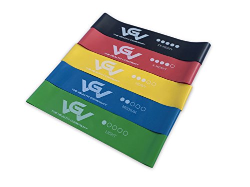 Fitnessband-Set von VGV-The Health Company PREMIUM QUALITÄT Widerstandsbänder aus Naturlatex geschlossen (25 x 5 cm) in 5 Stärken und 5 Farben Gymnastikbänder für Fitness Muskelaufbau Cross-Fit Yoga Pilates und Therapie inkl. Transportbag