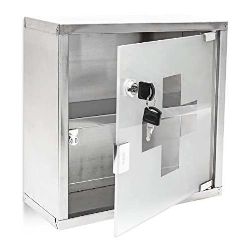 Relaxdays Medizinschrank EMERGENCY L breit aus Edelstahl und Glas H x B x T: ca. 30 x 30 x 12 cm mit abschließbarer Tür und 2 Ablagen für Medikamente und Verbandszeug Apothekerschrank fürs Bad, silber - 3