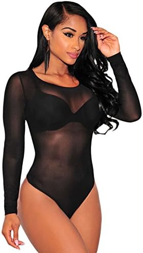 LETSDO Women Long Sleeve Sheer Mesh Bodysuit (S (UK6-10), Black)
