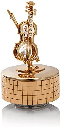 Matashi24K Gold Plated Wind Up Music Box with Crystal Studded Violin and Bow Figurine
