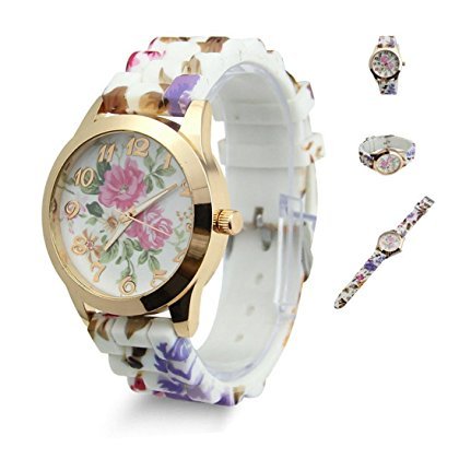 Estone calientes de moda mujer vestido reloj silicona impresas flor Causal cuarzo relojes de pulsera, hot pink