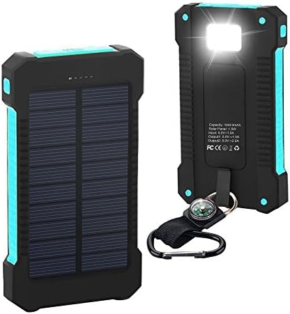 15000mAh Solar Power Bank Solar Ladegerät Dual USB-Solar Charger SunPower mit 2 LED-Taschenlampe,Wasserfest,staubdicht und stoßfest Externer Akku mit Kompass und Karabiner für Handy (Azul-1)