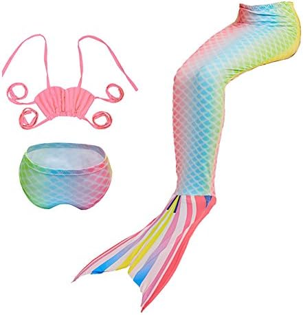 Fadirew 3PCS Girls Mermaid Tail Swimsuit Mermaid Shell Bikini Princess Kids Cosplay Costume Fancy Sea-Maid Swimwear Set Swimming Costume, Rainbow, 100cm