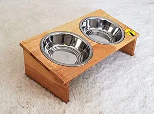 ClowderX Premium Pet Feeding Bowls for Cats | 2 Steel Bowls with Rubber Wood Stand | 300ml, Medium