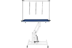 MONSTER SHOP Tavolo Idraulico Toelettatura Cani - Altezza 55-101 cm, Capacità 180 kg, Bianco - Piano Blu, Antiscivolo 106x61 cm, Acciaio Bianco, Piedini Livellanti, 3 Guinzagli