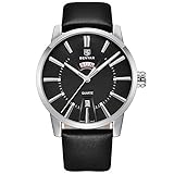 Herren Luxus Quarzuhr mit Wochendatum Wasserdicht Business Uhr für Herren - echtes schwarzes Lederband