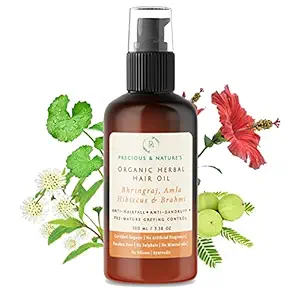 Precious & Natures Certified Organic Hibiscus, Amla, Brahmi & Bhringaraj Hair Oil With Easy Applicator; Controls Hair Fall, Dandruff And Premature Greying; Promotes Hair Growth (100Ml)